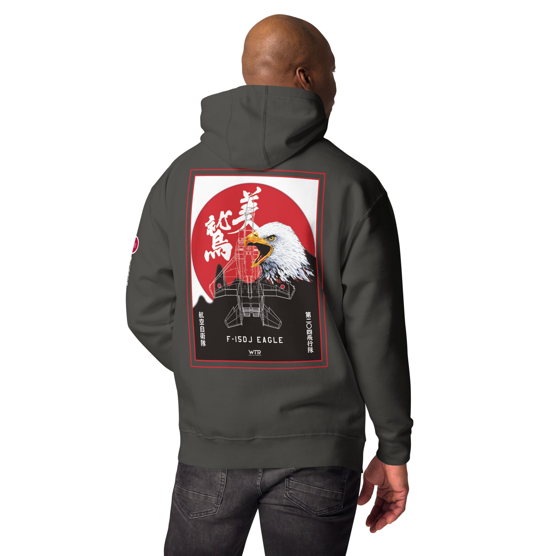 Hand-drawn schematic of the Mitsubishi F-15J Eagle 204th Tactical Fighter Squadron 2024 Churashima Air Fiesta livery on a hoodie.