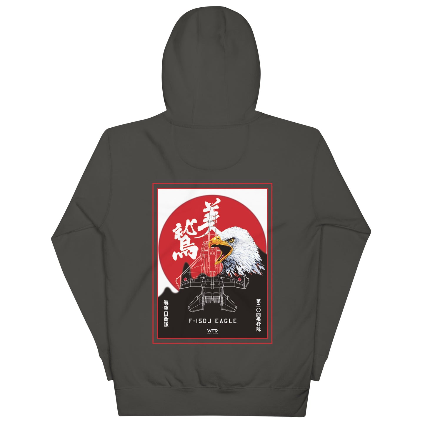 Hand-drawn schematic of the Mitsubishi F-15J Eagle 204th Tactical Fighter Squadron 2024 Churashima Air Fiesta livery on a hoodie.