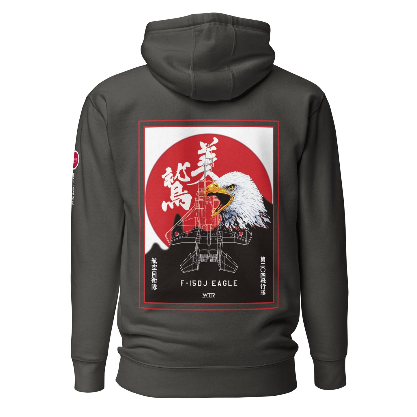 Hand-drawn schematic of the Mitsubishi F-15J Eagle 204th Tactical Fighter Squadron 2024 Churashima Air Fiesta livery on a hoodie.