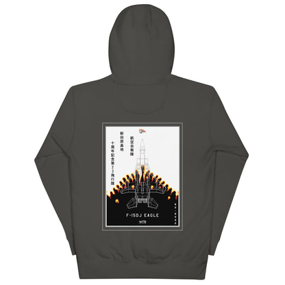 Hand-drawn schematic of the Mitsubishi F-15DJ Eagle 23rd Fighter Squadron 10th Anniversary Flame Edition livery on a unisex hoodie.