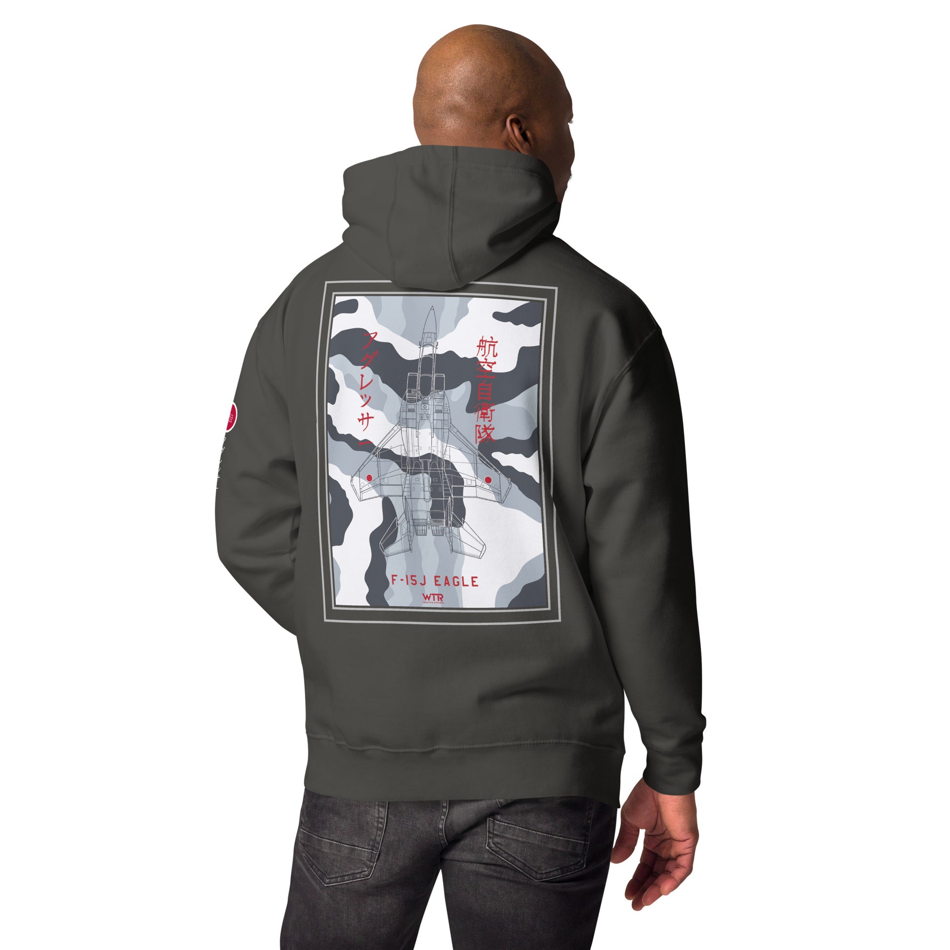 Hand-drawn technical schematic of the Mitsubishi F-15J Eagle JSDAF Aggressor camouflage livery printed on a unisex hoodie.