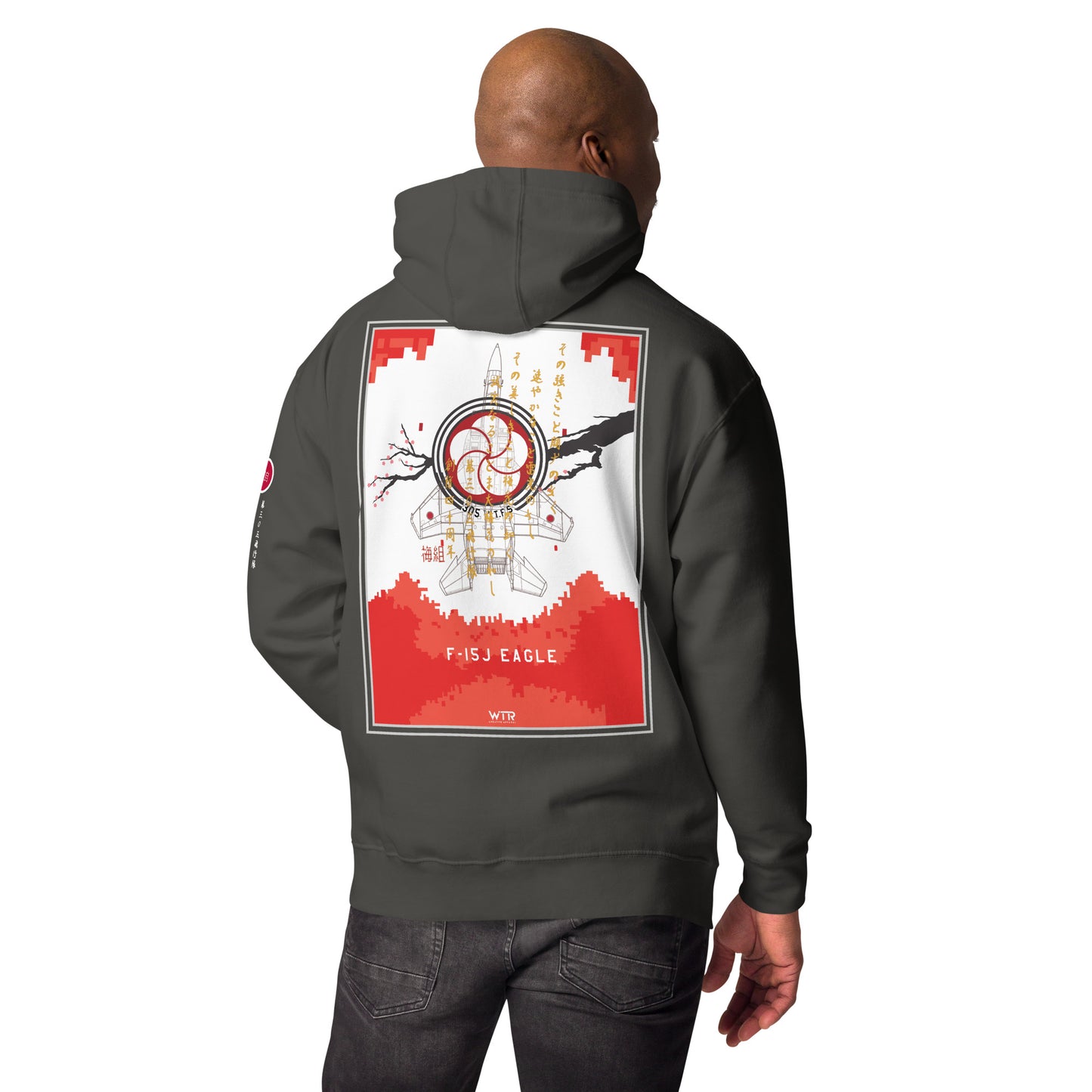 Hand-drawn schematic of the Mitsubishi F-15J Eagle 305th Tactical Fighter Squadron 40 Years Anniversary livery on a unisex hoodie.