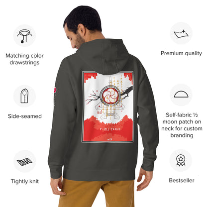 Hand-drawn schematic of the Mitsubishi F-15J Eagle 305th Tactical Fighter Squadron 40 Years Anniversary livery on a unisex hoodie.