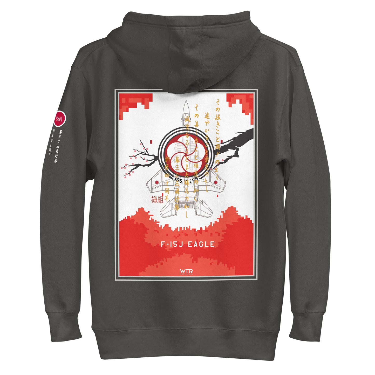 Hand-drawn schematic of the Mitsubishi F-15J Eagle 305th Tactical Fighter Squadron 40 Years Anniversary livery on a unisex hoodie.