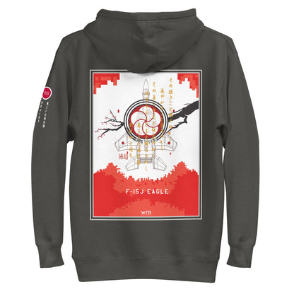 Hand-drawn schematic of the Mitsubishi F-15J Eagle 305th Tactical Fighter Squadron 40 Years Anniversary livery on a unisex hoodie.