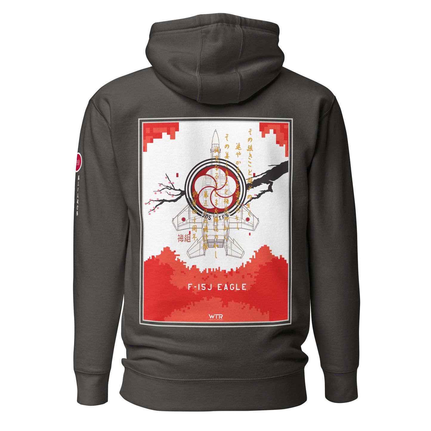 Hand-drawn schematic of the Mitsubishi F-15J Eagle 305th Tactical Fighter Squadron 40 Years Anniversary livery on a unisex hoodie.