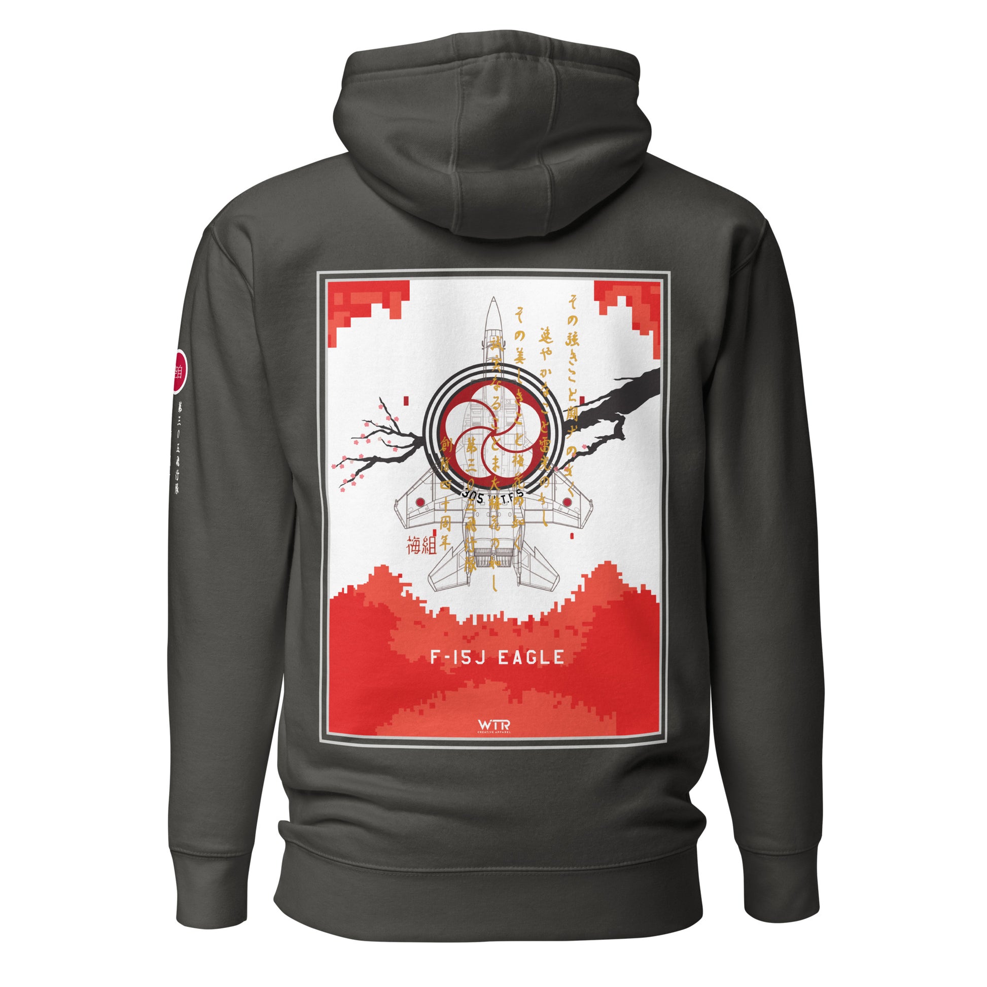 Hand-drawn schematic of the Mitsubishi F-15J Eagle 305th Tactical Fighter Squadron 40 Years Anniversary livery on a unisex hoodie.