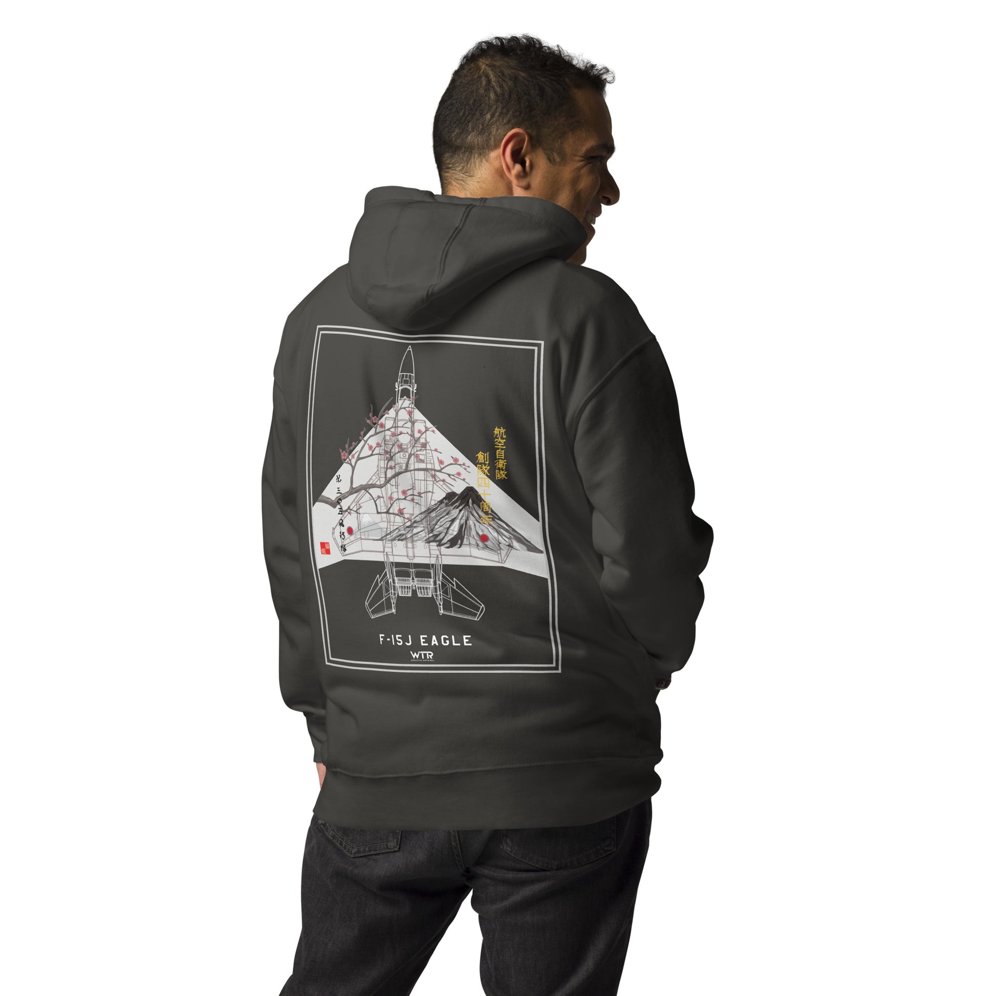 Hand-drawn schematic of the Mitsubishi F-15J Eagle 305th Tactical Fighter Squadron 50 Years Anniversary livery on a unisex hoodie.
