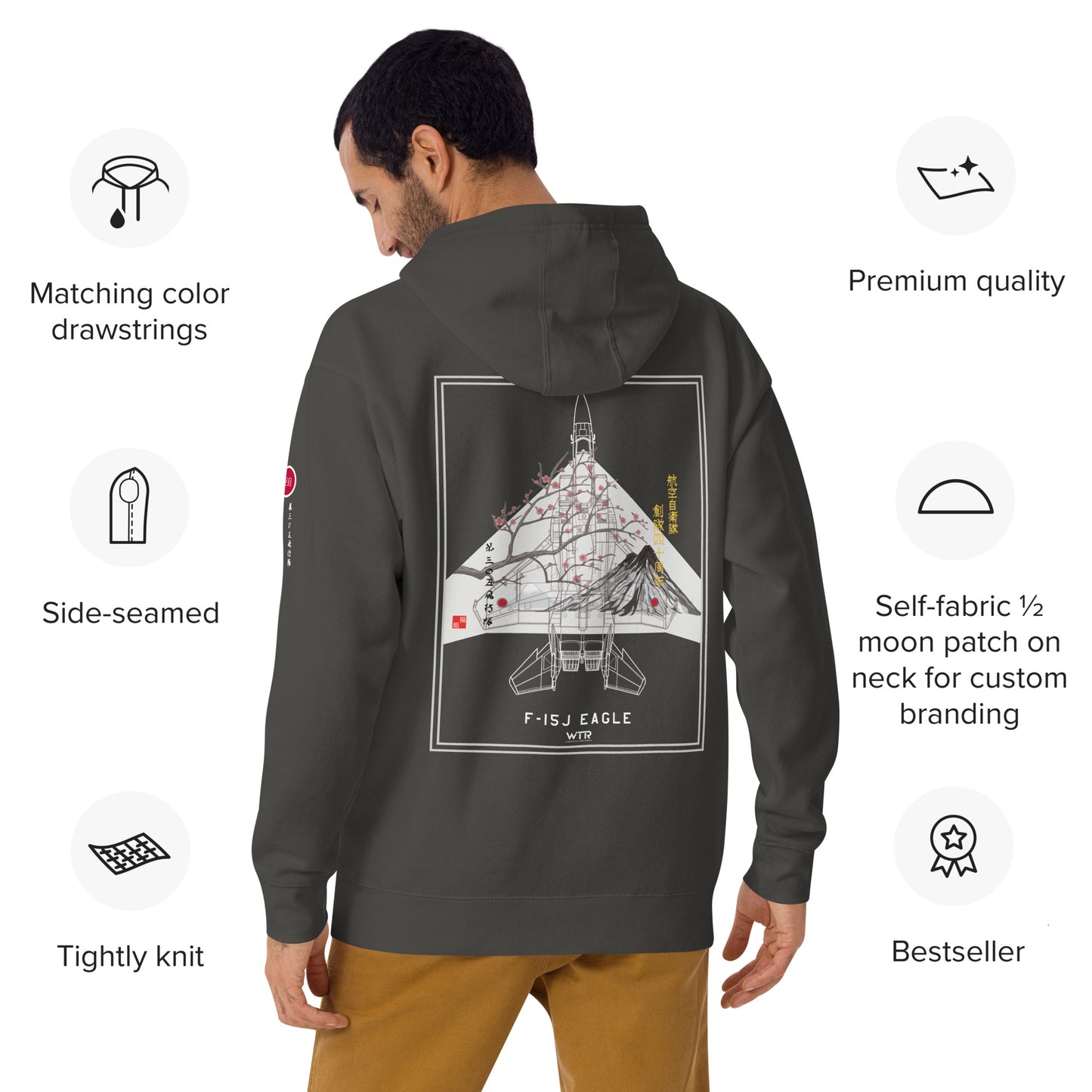 Hand-drawn schematic of the Mitsubishi F-15J Eagle 305th Tactical Fighter Squadron 50 Years Anniversary livery on a unisex hoodie.