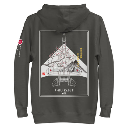 Hand-drawn schematic of the Mitsubishi F-15J Eagle 305th Tactical Fighter Squadron 50 Years Anniversary livery on a unisex hoodie.
