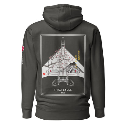 Hand-drawn schematic of the Mitsubishi F-15J Eagle 305th Tactical Fighter Squadron 50 Years Anniversary livery on a unisex hoodie.