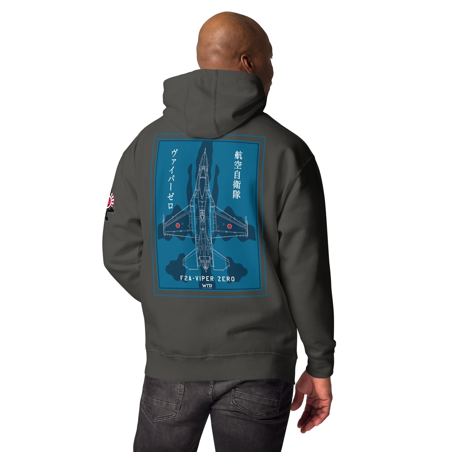 Hand-drawn schematic of the Mitsubishi F-2A Viper Zero in Maritime Blue Camouflage livery printed on a comfortable unisex hoodie.