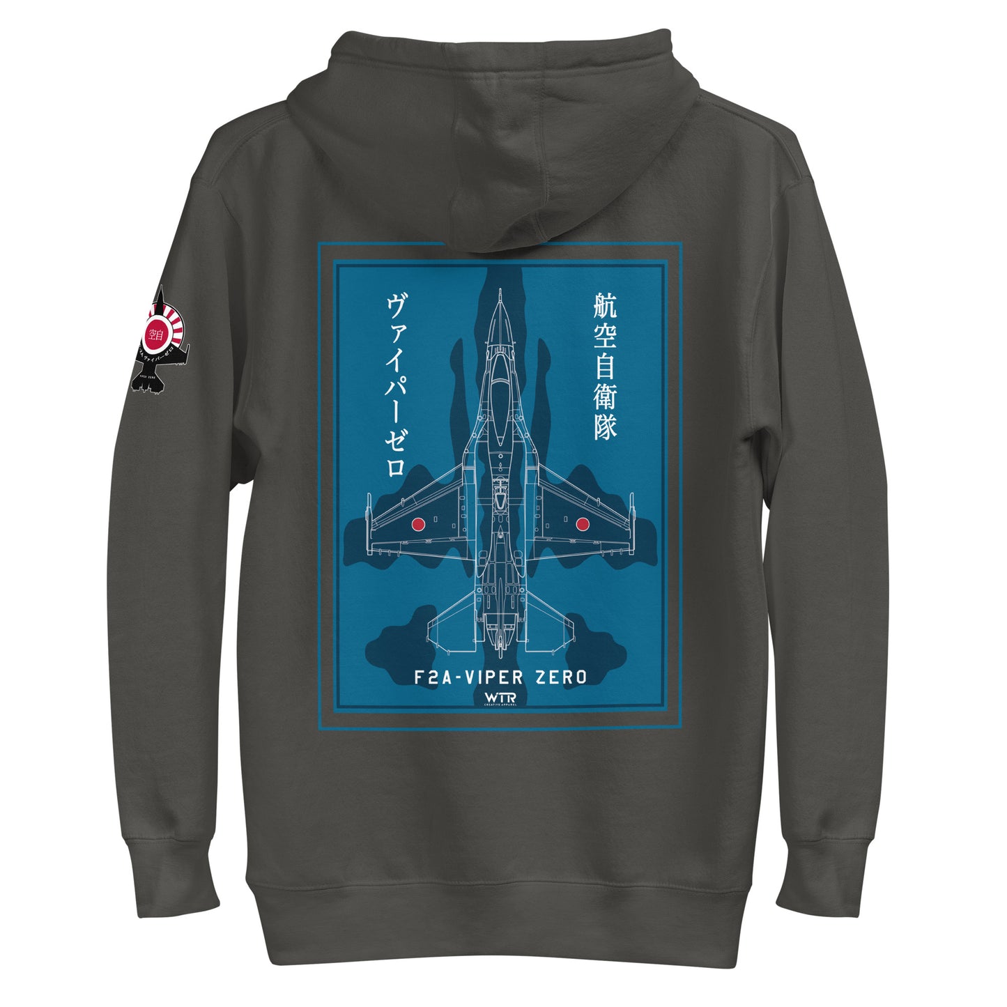 Hand-drawn schematic of the Mitsubishi F-2A Viper Zero in Maritime Blue Camouflage livery printed on a comfortable unisex hoodie.