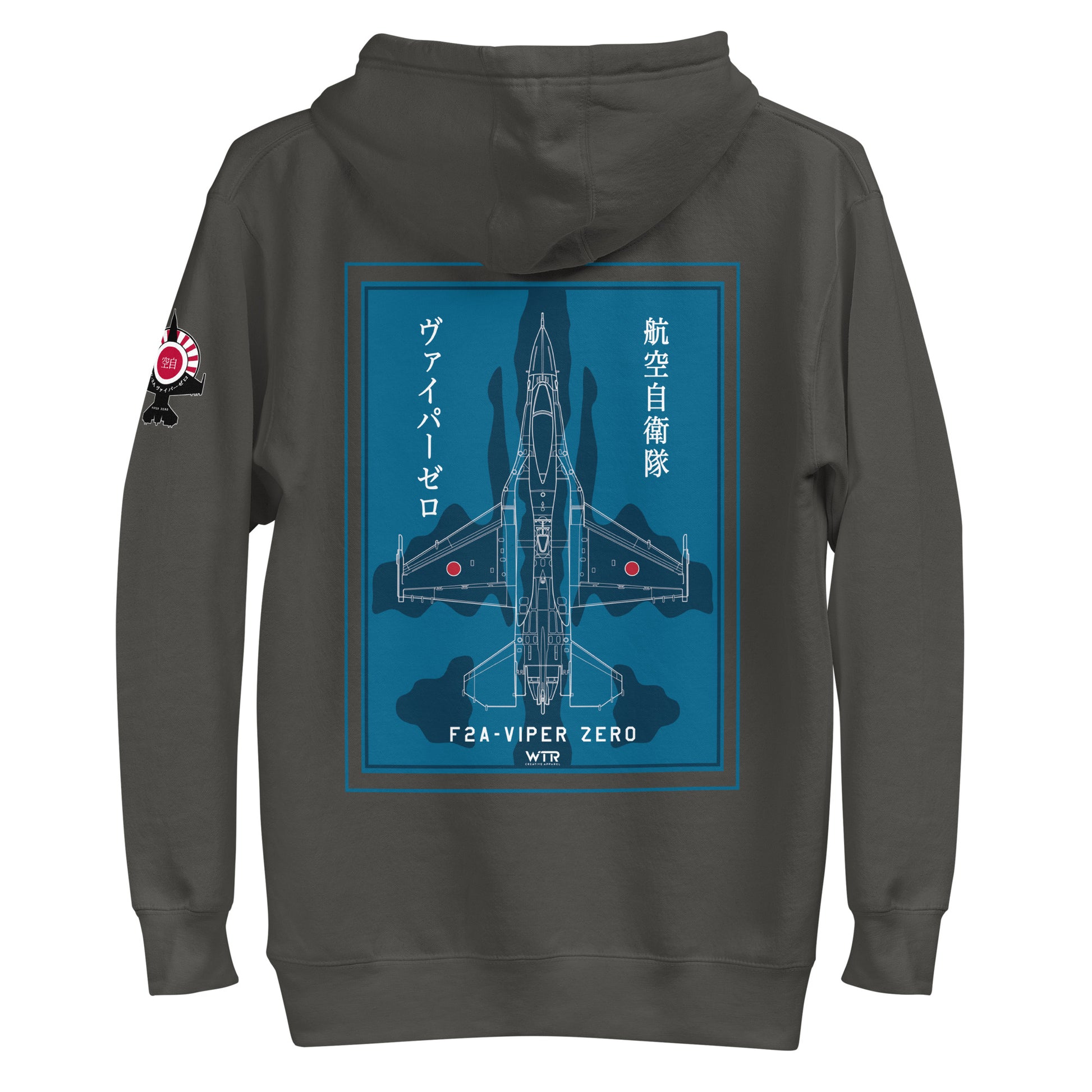 Hand-drawn schematic of the Mitsubishi F-2A Viper Zero in Maritime Blue Camouflage livery printed on a comfortable unisex hoodie.