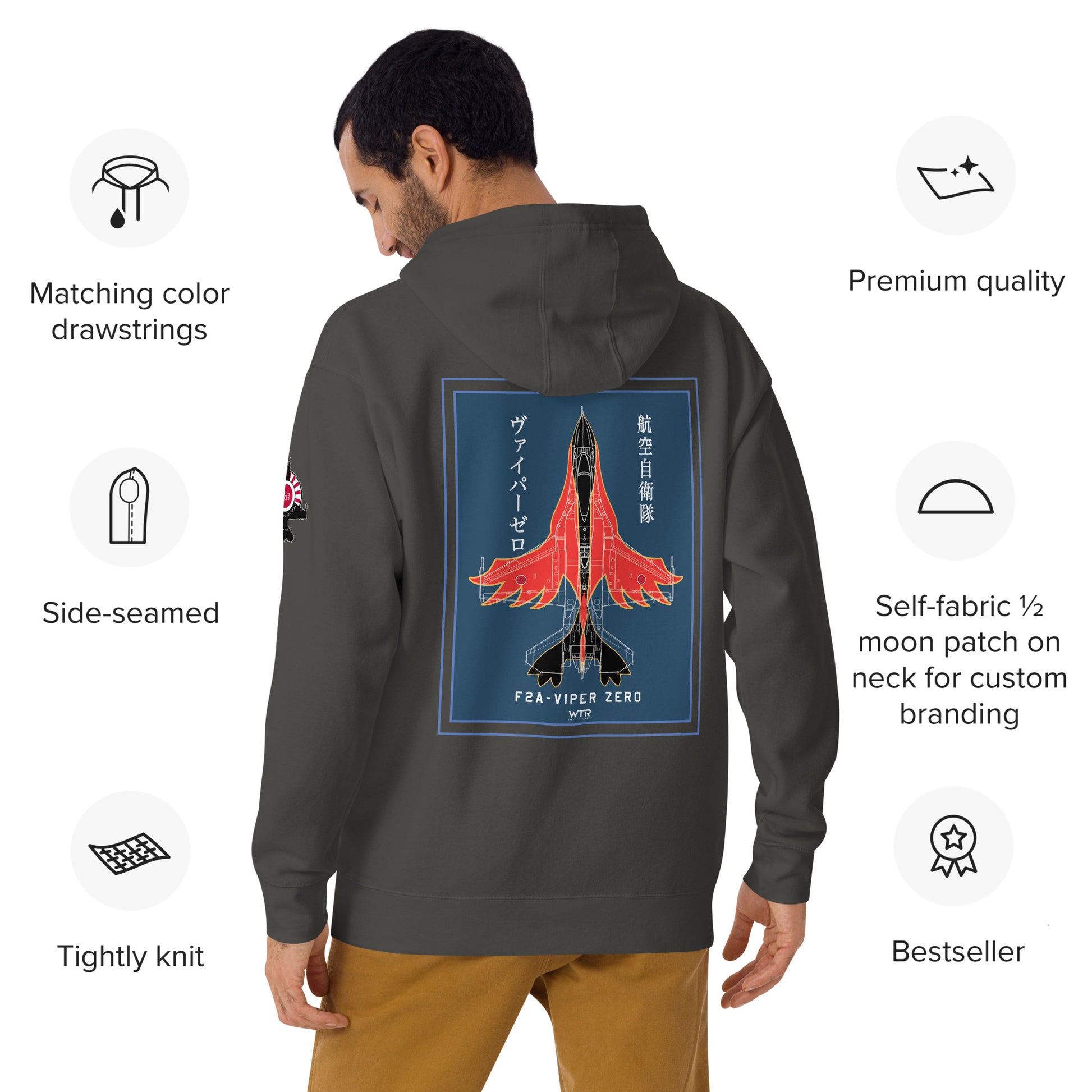 Hand-drawn schematic of the Mitsubishi F-2A Viper Zero Yatagarasu 60th Anniversary 6th Fighter Squadron livery on a unisex hoodie.