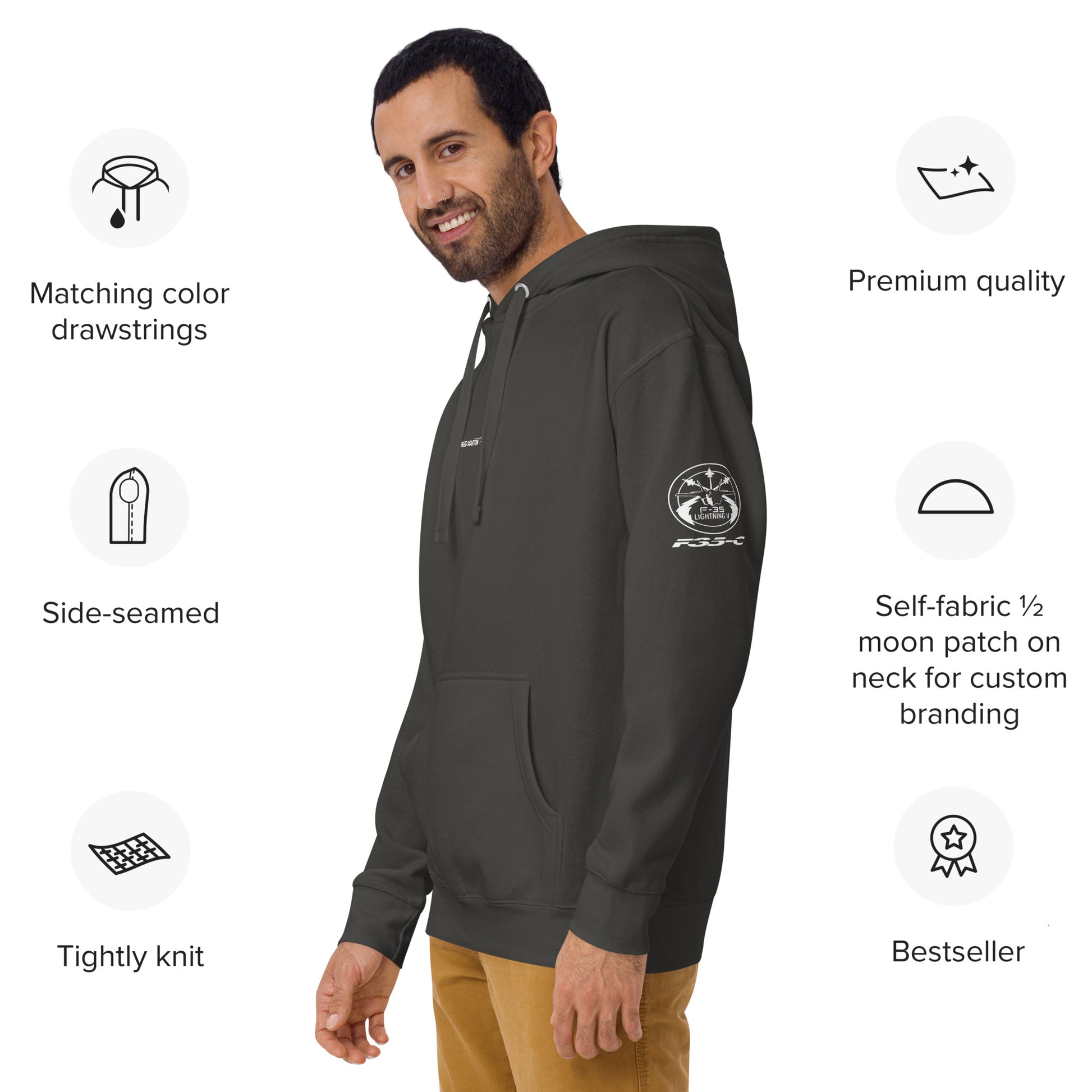 Hand-drawn schematic of the LOCKHEED MARTIN F-35C LIGHTNING II printed on a unisex hoodie.