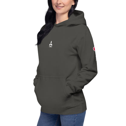 Hand-drawn schematic of the Mitsubishi F-15DJ Eagle 23rd Fighter Squadron 10th Anniversary Flame Edition livery on a unisex hoodie.