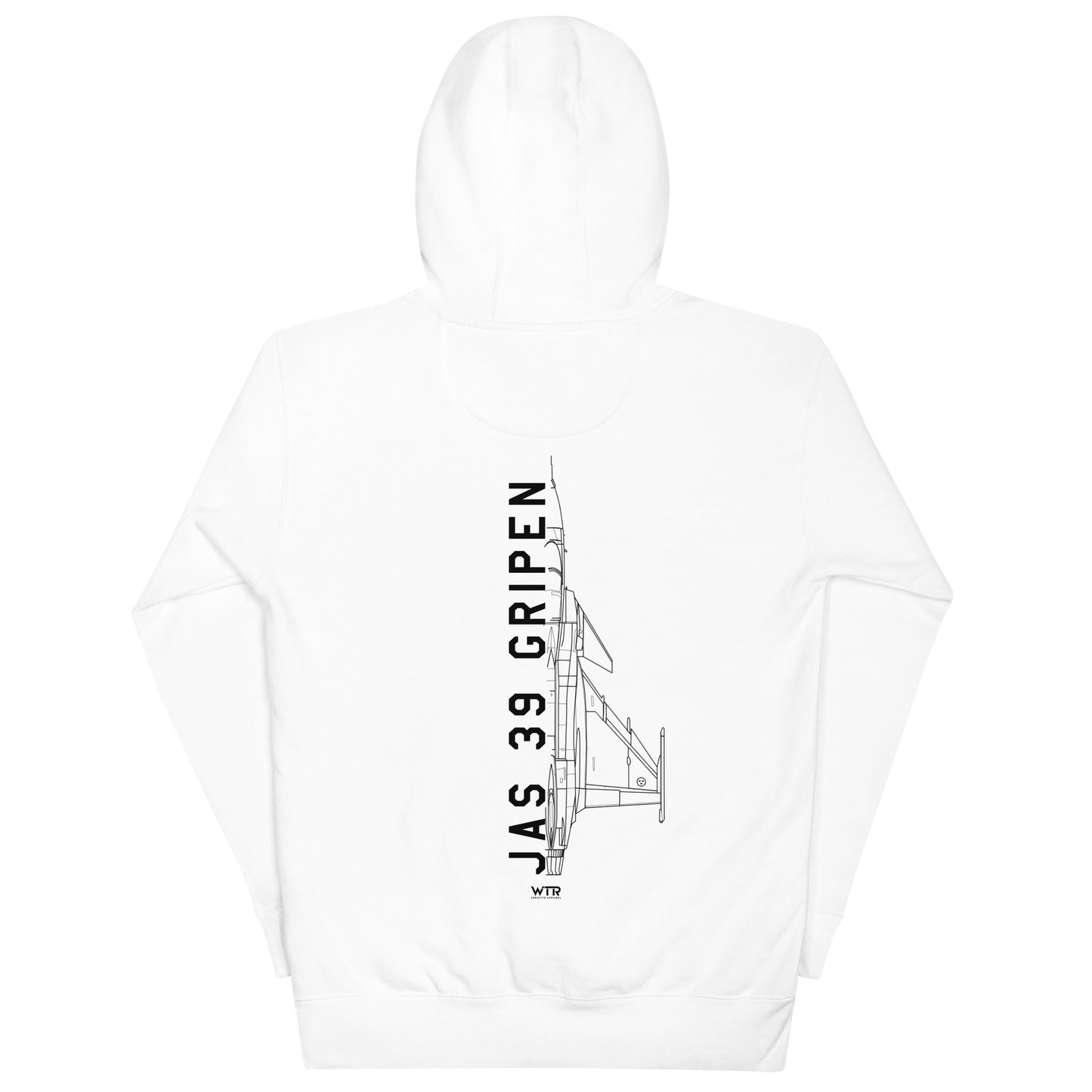 Hand-drawn schematic of the SAAB JAS 39 GRIPEN printed on a unisex hoodie.