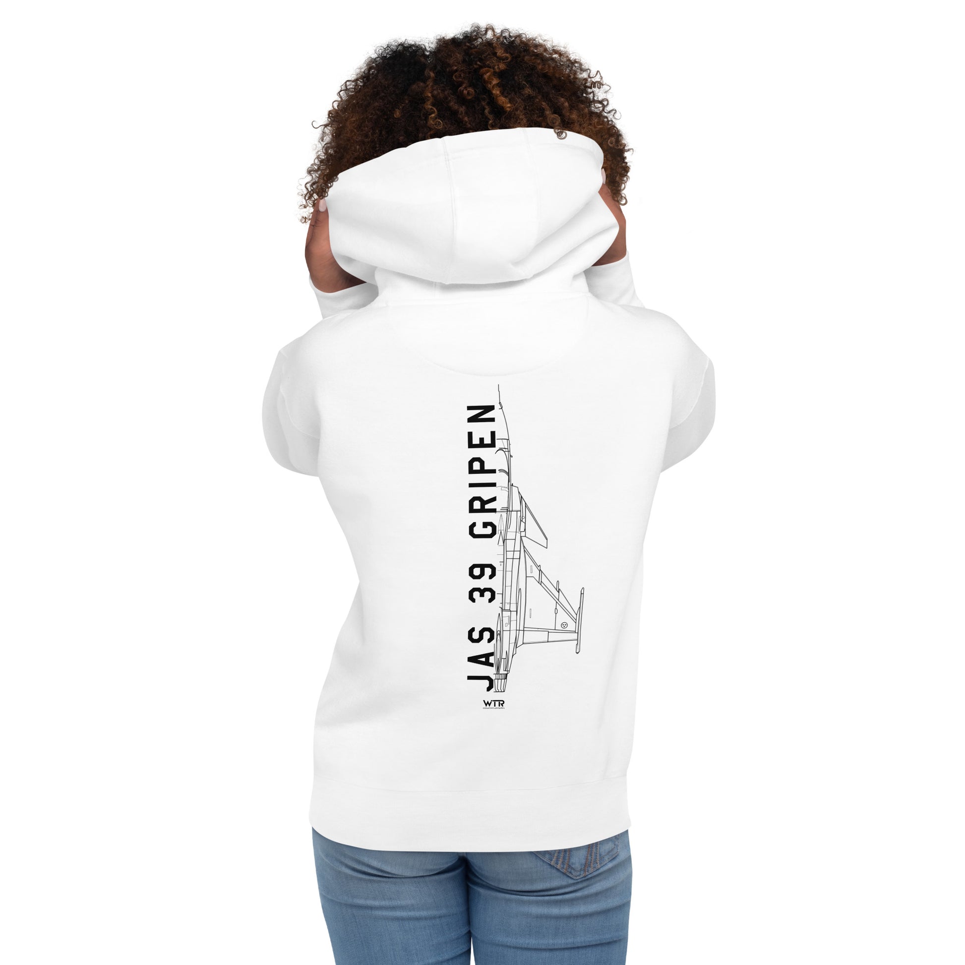 Hand-drawn schematic of the SAAB JAS 39 GRIPEN printed on a unisex hoodie.