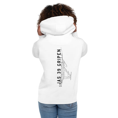 Hand-drawn schematic of the SAAB JAS 39 GRIPEN printed on a unisex hoodie.