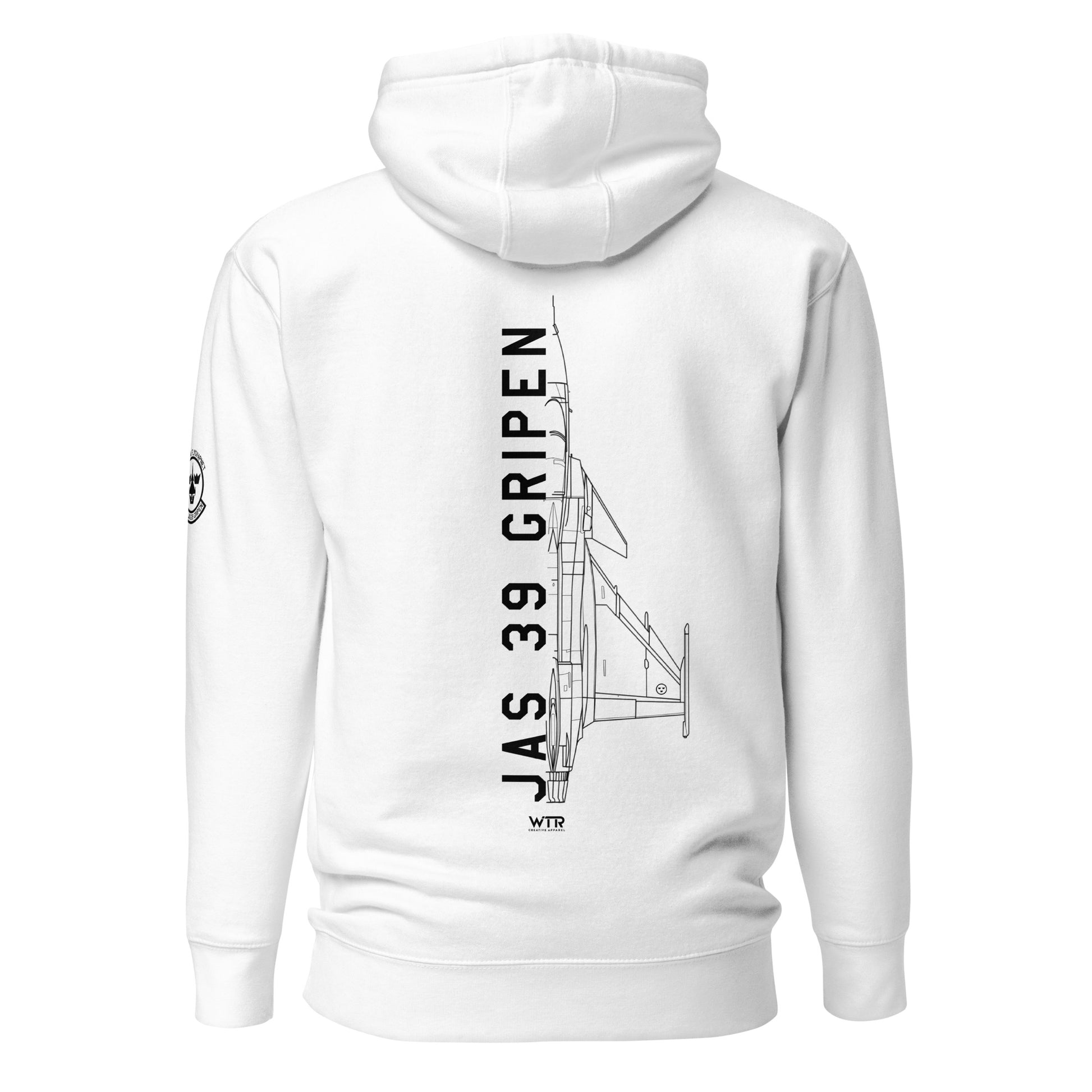Hand-drawn technical schematic of the Saab JAS 39 Gripen multi-role fighter printed on a comfortable unisex hoodie.