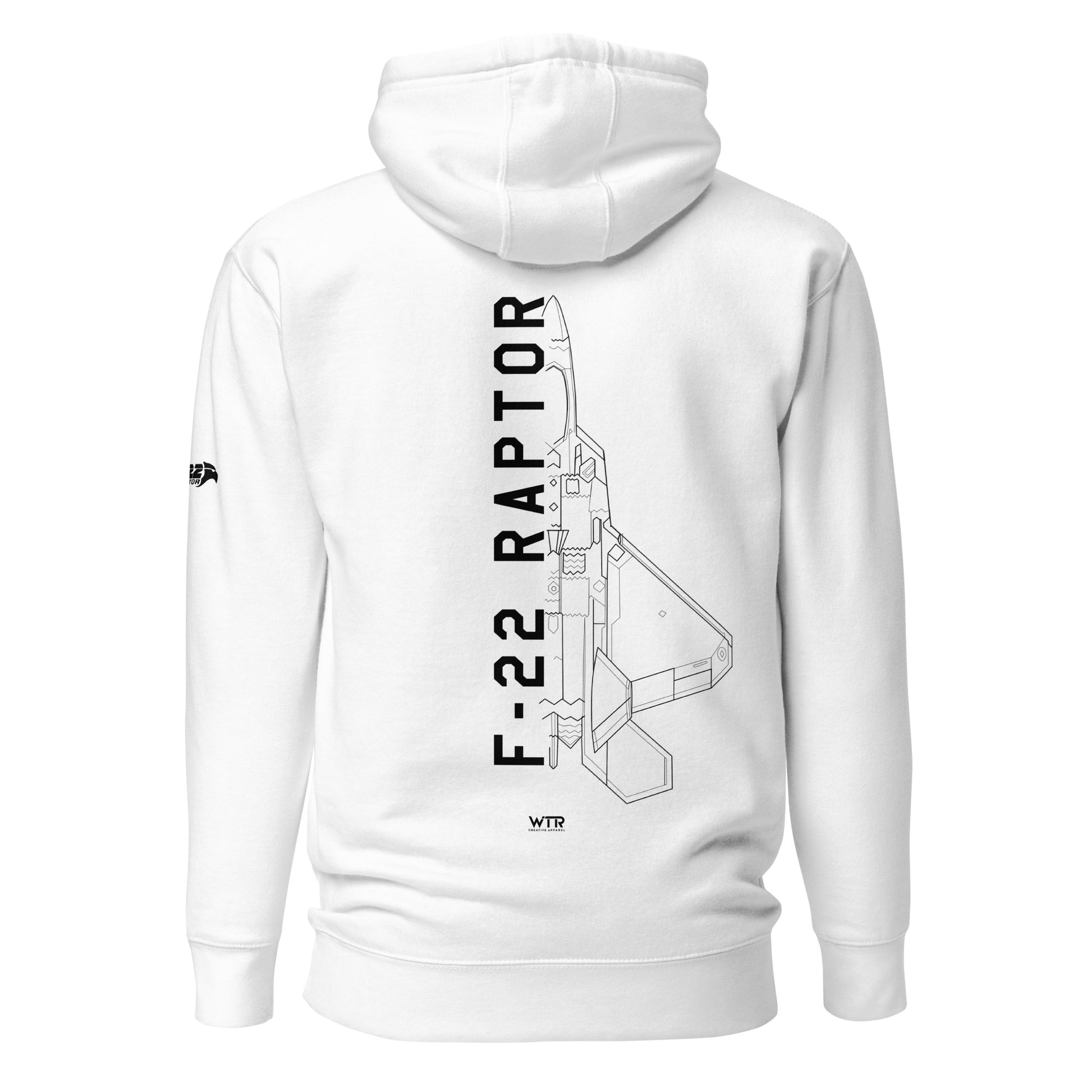 Hand-drawn technical schematic of the Lockheed Martin F-22 Raptor air superiority fighter on a unisex hoodie.