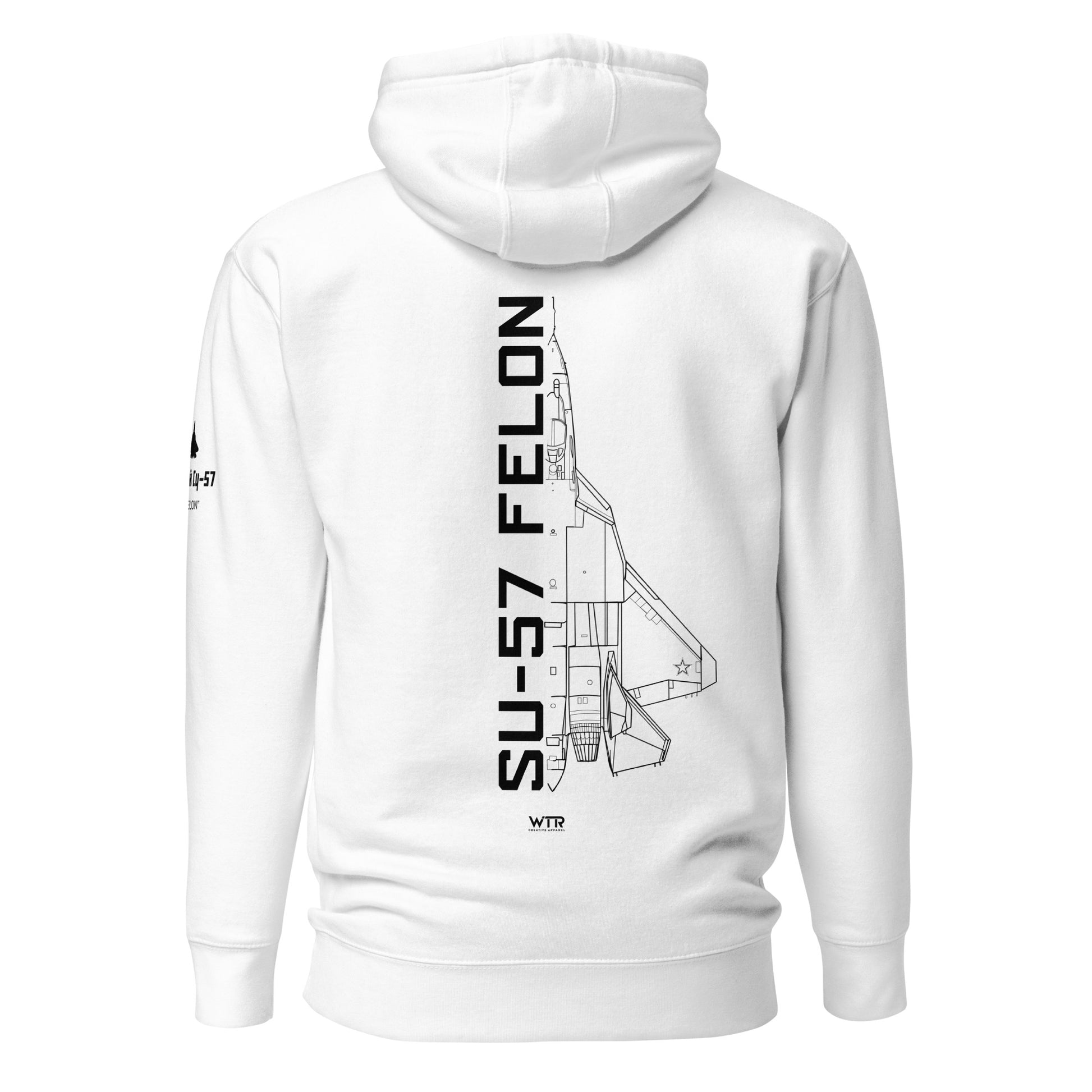 Hand-drawn technical schematic of the Sukhoi SU-57 Felon 5th-gen stealth fighter printed on a unisex hoodie.