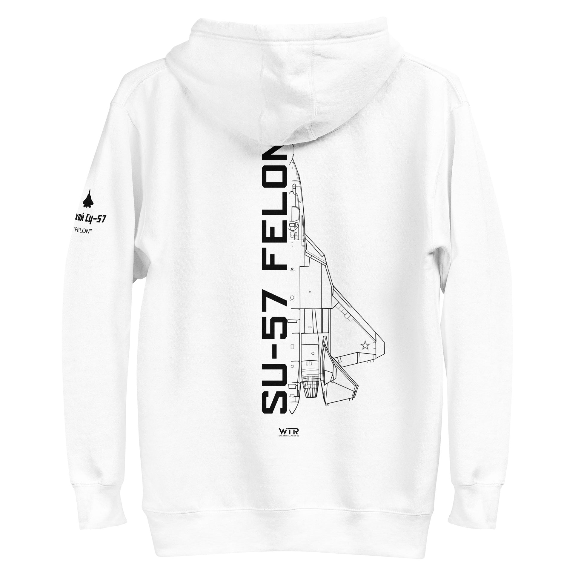 Hand-drawn schematic of the SUKHOI SU‑57 FELON printed on a unisex hoodie.