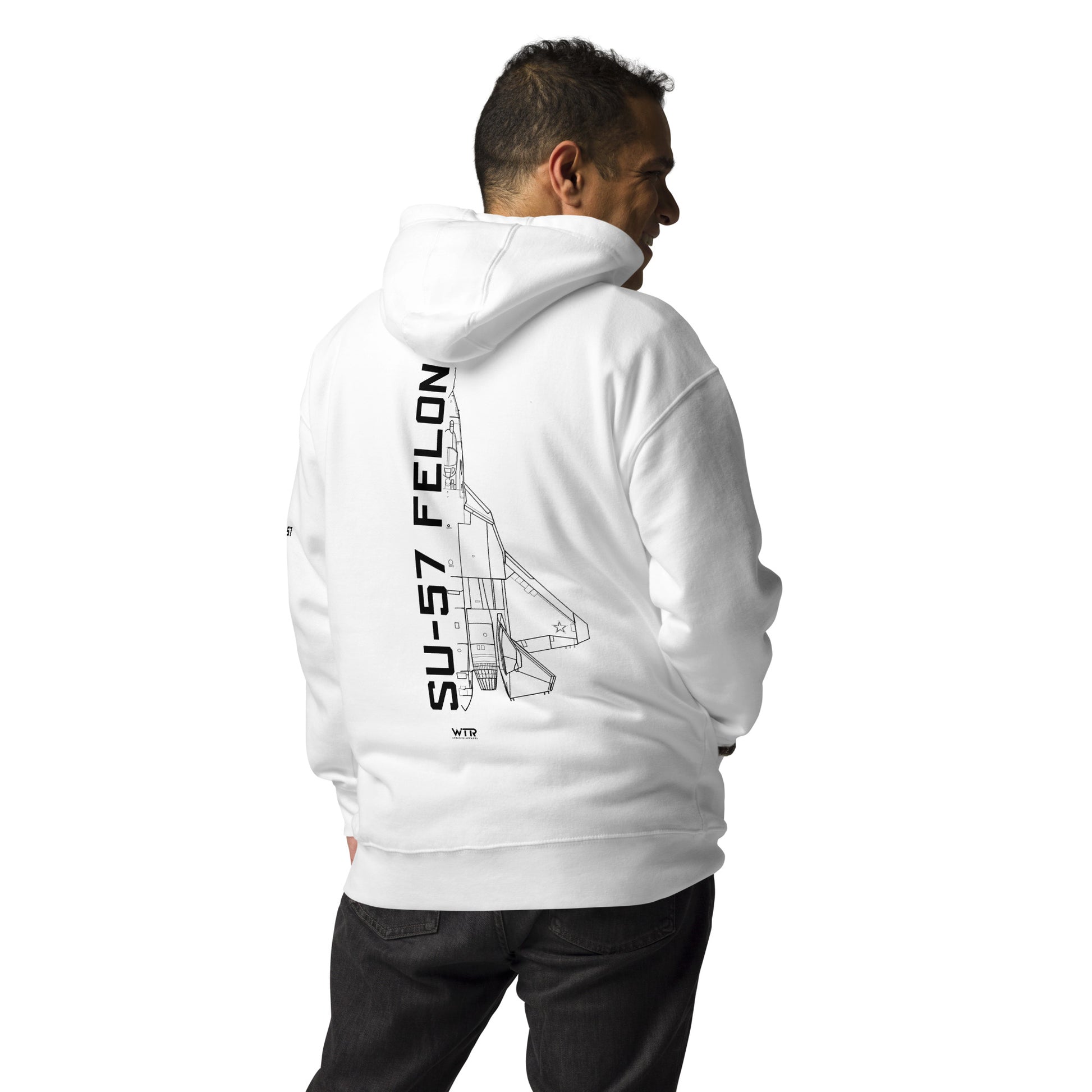 Hand-drawn schematic of the SUKHOI SU‑57 FELON printed on a unisex hoodie.