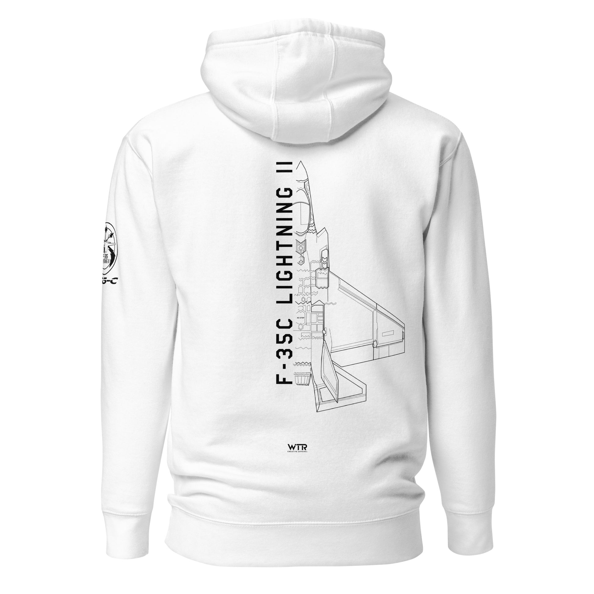 Hand-drawn technical schematic of the Lockheed Martin F-35C Lightning II (CATOBAR) carrier fighter on a unisex hoodie.