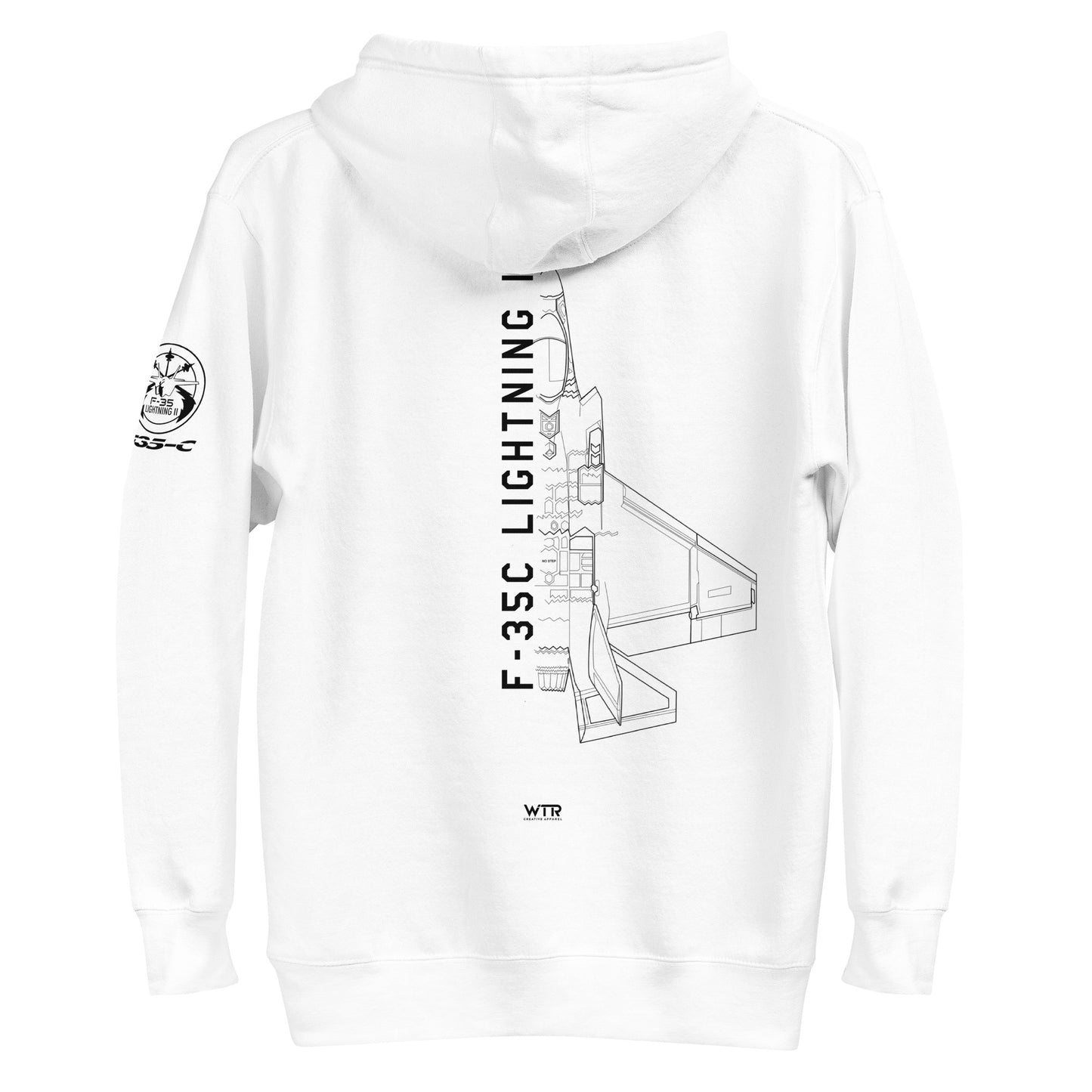 Hand-drawn schematic of the LOCKHEED MARTIN F-35C LIGHTNING II printed on a unisex hoodie.