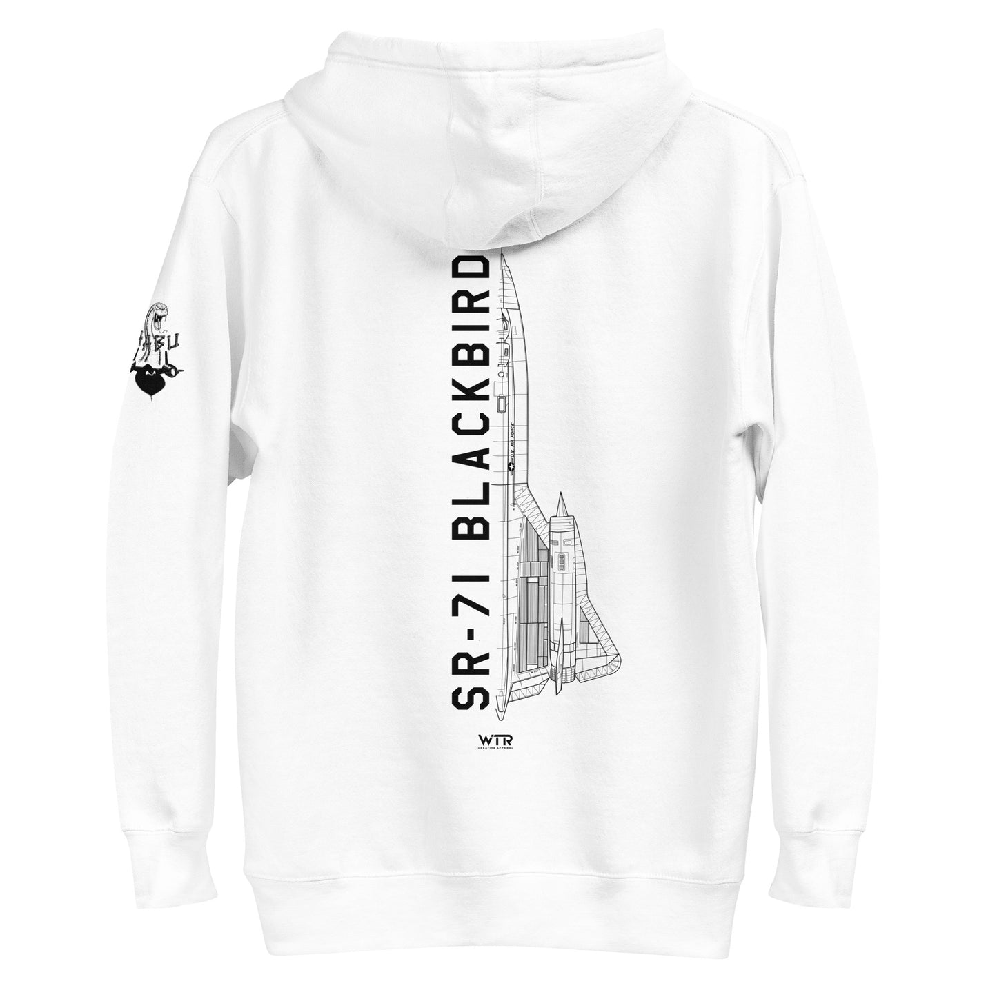 Hand-drawn schematic of the LOCKHEED MARTIN SKUNK WORKS SR-71 BLACKBIRD printed on a unisex hoodie.