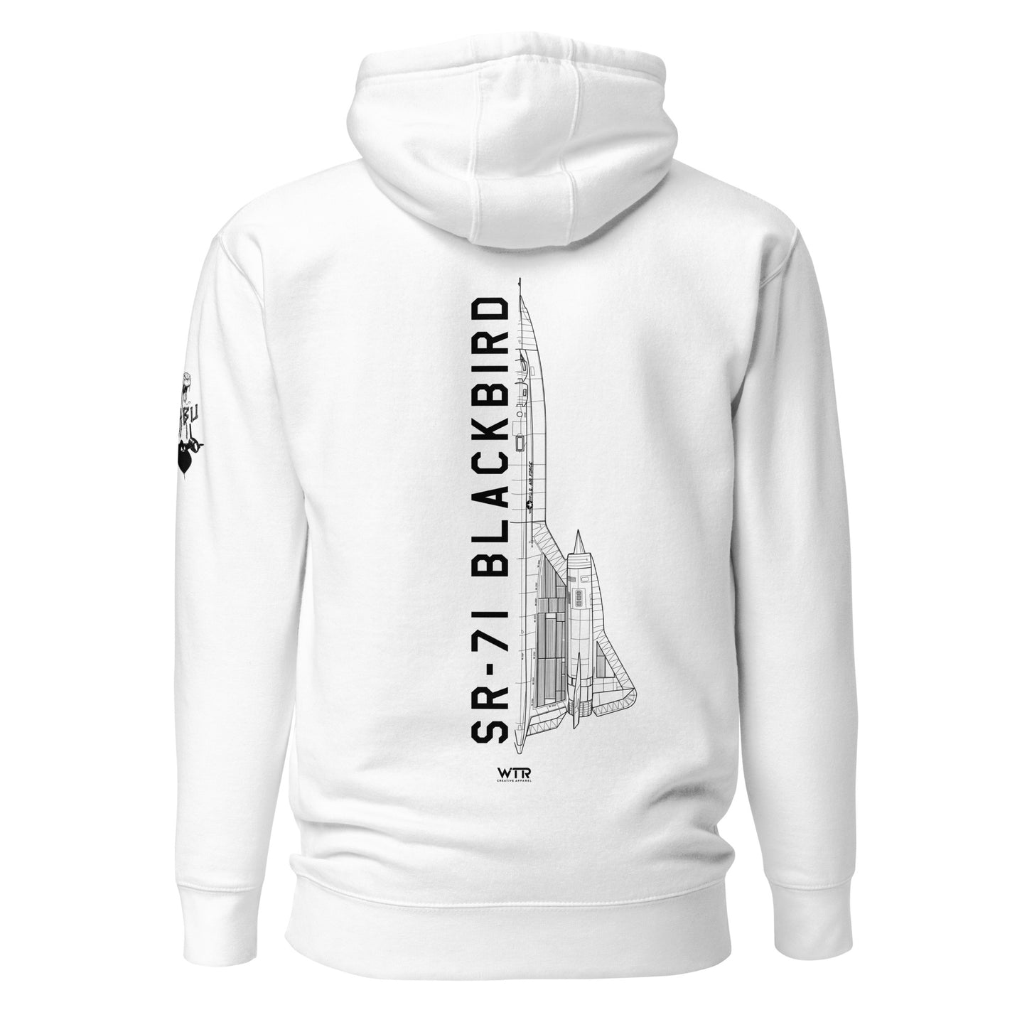 Hand-drawn schematic of the LOCKHEED MARTIN SKUNK WORKS SR-71 BLACKBIRD printed on a unisex hoodie.