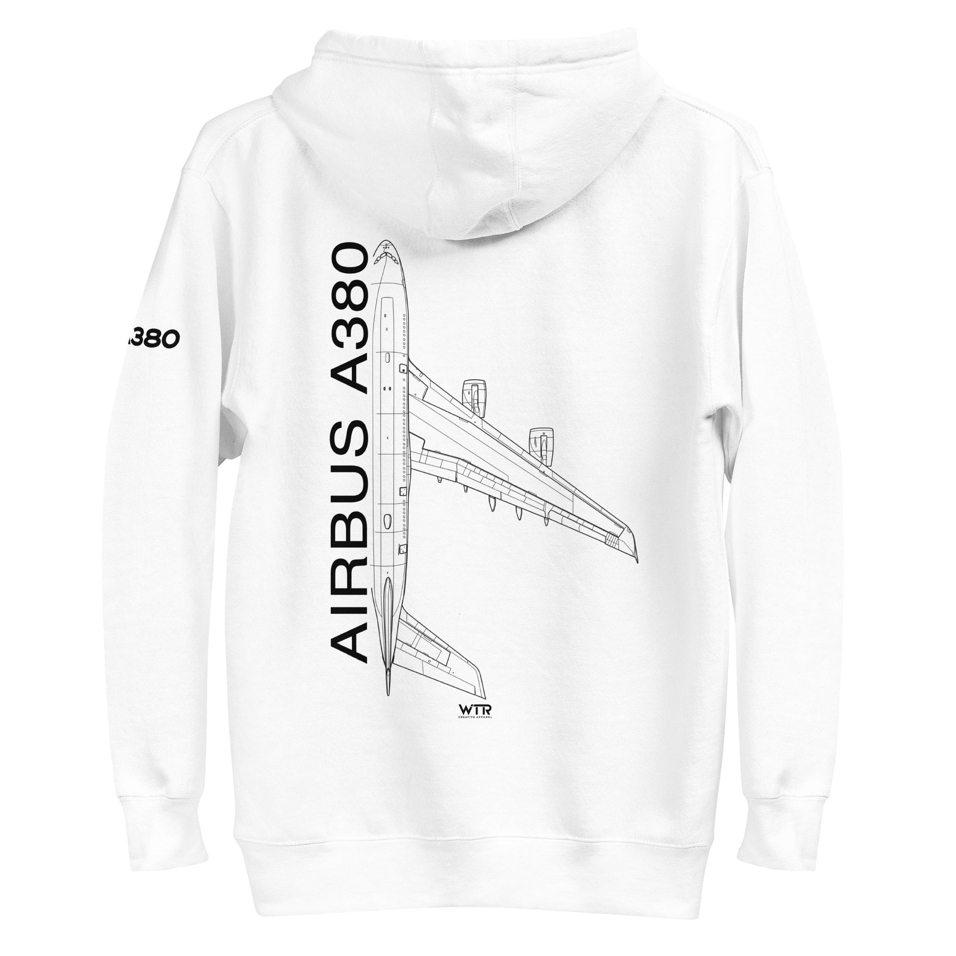 Hand-drawn schematic of the AIRBUS A380 SUPERJUMBO printed on a unisex hoodie.