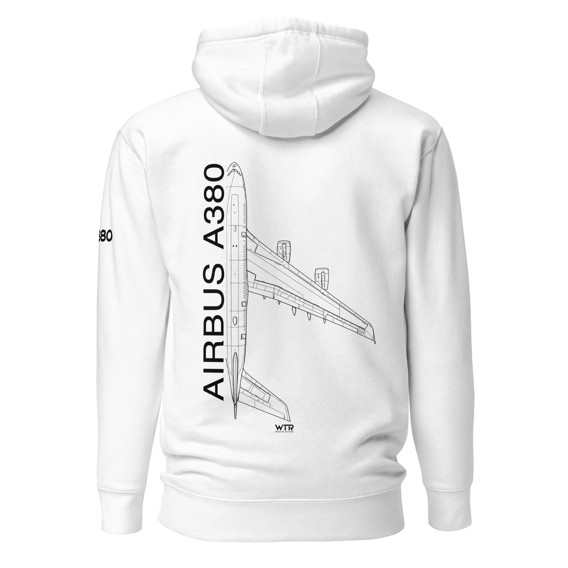 Hand-drawn technical schematic of the Airbus A380 SuperJumbo passenger airliner printed on a comfortable unisex hoodie.