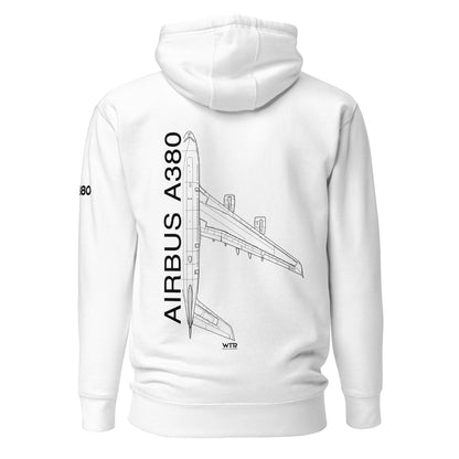 Hand-drawn schematic of the AIRBUS A380 SUPERJUMBO printed on a unisex hoodie.