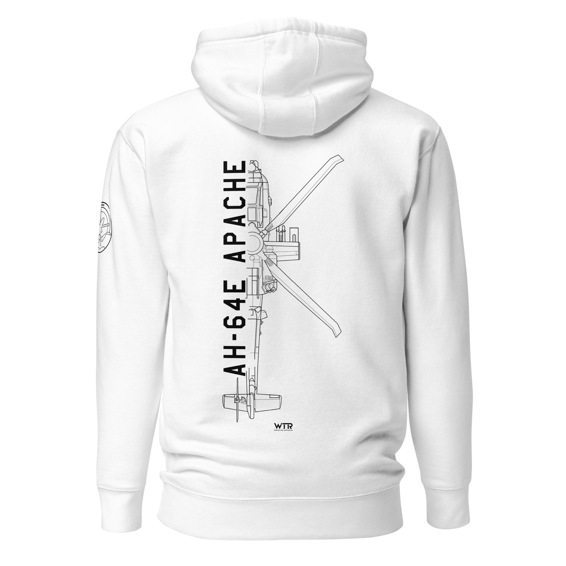 Hand-drawn technical schematic of the Boeing AH-64E Apache Guardian attack helicopter printed on a unisex hoodie.