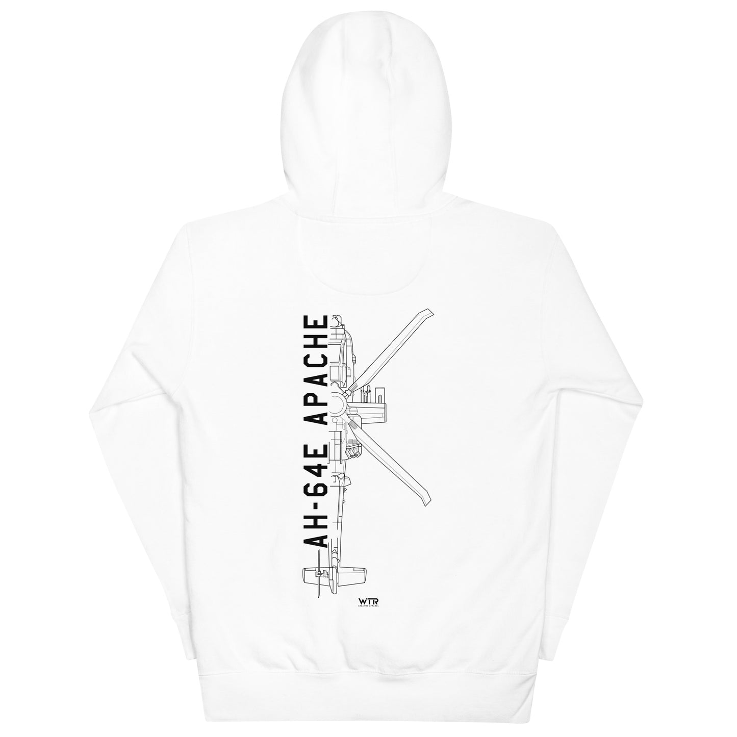 Hand-drawn schematic of the BOEING AH-64E APACHE GUARDIAN printed on a unisex hoodie.