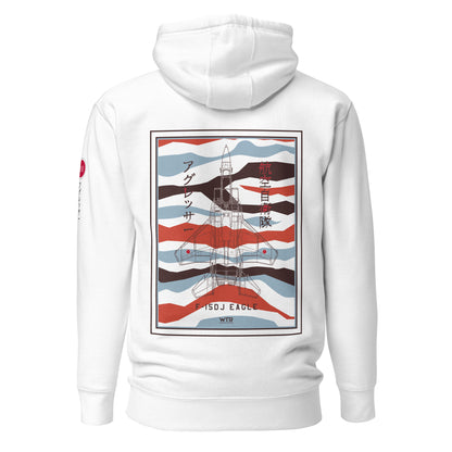 Hand-drawn schematic of the Mitsubishi F-15DJ Eagle Aggressor Minokasago Lionfish camouflage livery printed on a unisex hoodie.