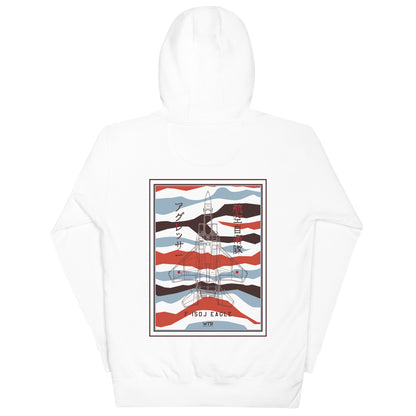 Hand-drawn schematic of the Mitsubishi F-15DJ Eagle Aggressor Minokasago Lionfish camouflage livery printed on a unisex hoodie.