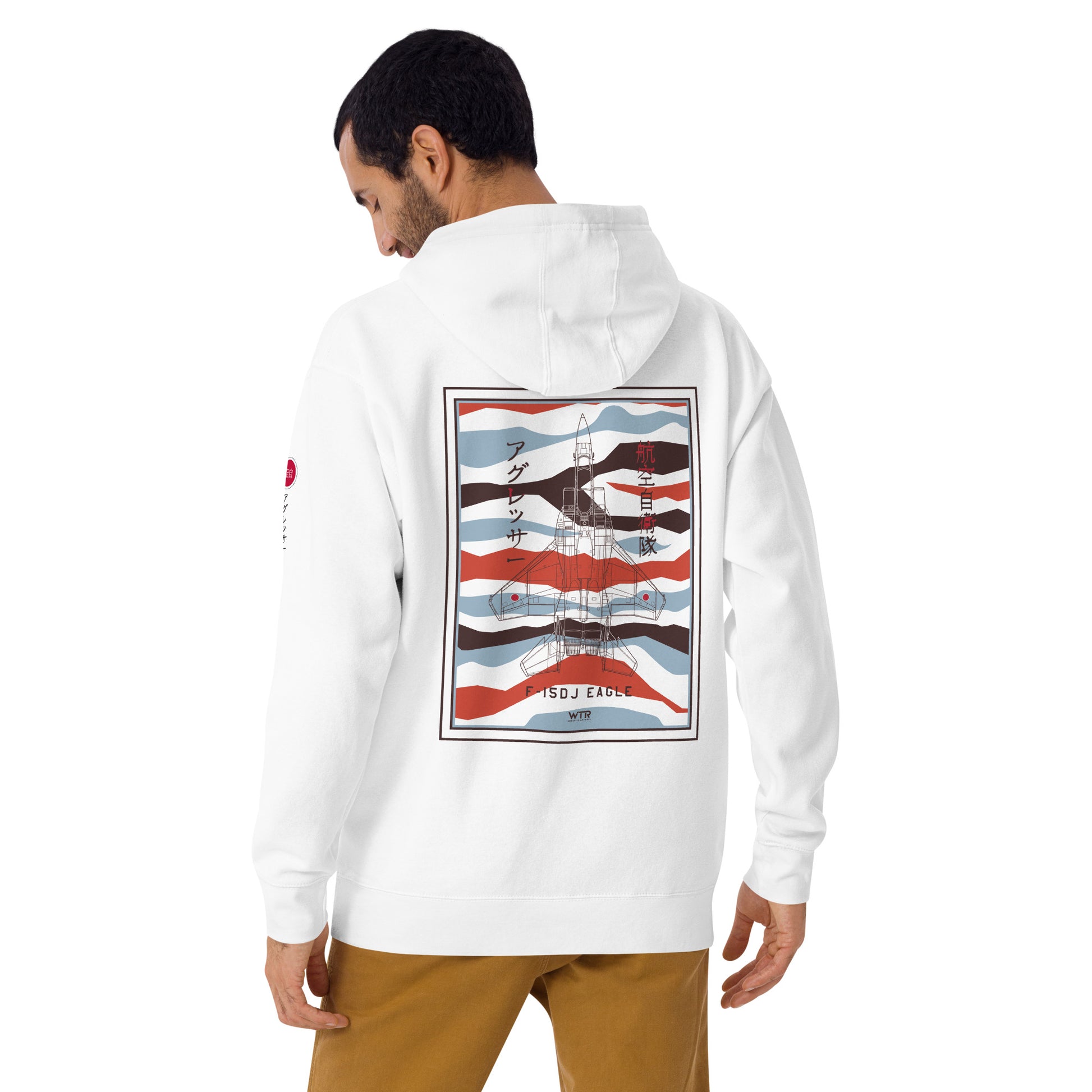 Hand-drawn schematic of the Mitsubishi F-15DJ Eagle Aggressor Minokasago Lionfish camouflage livery printed on a unisex hoodie.