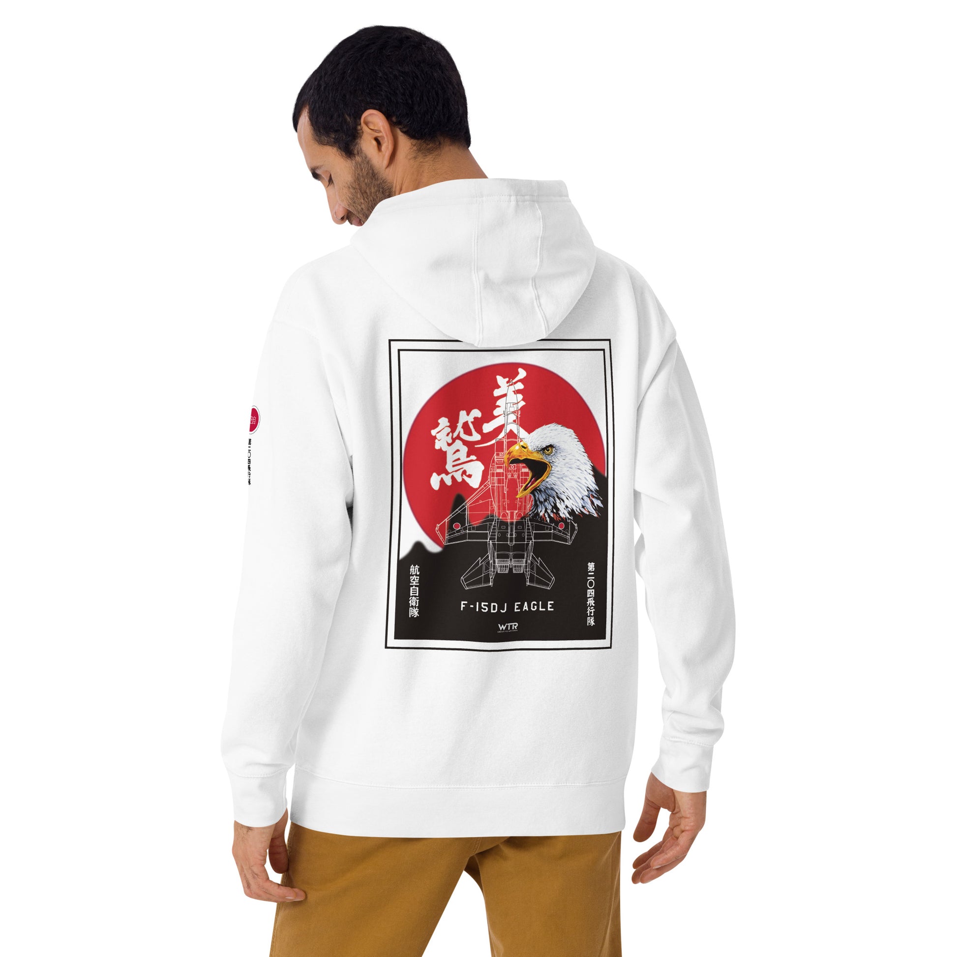 Hand-drawn schematic of the Mitsubishi F-15J Eagle 204th Tactical Fighter Squadron 2024 Churashima Air Fiesta livery on a hoodie.