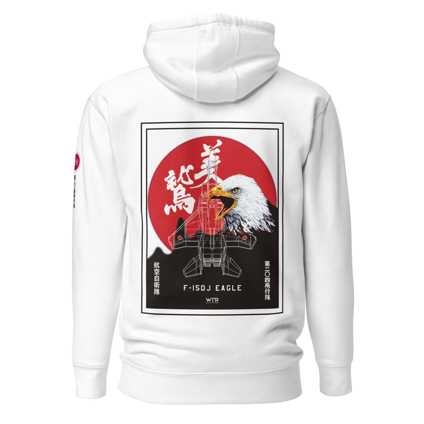 Hand-drawn schematic of the Mitsubishi F-15J Eagle 204th Tactical Fighter Squadron 2024 Churashima Air Fiesta livery on a hoodie.