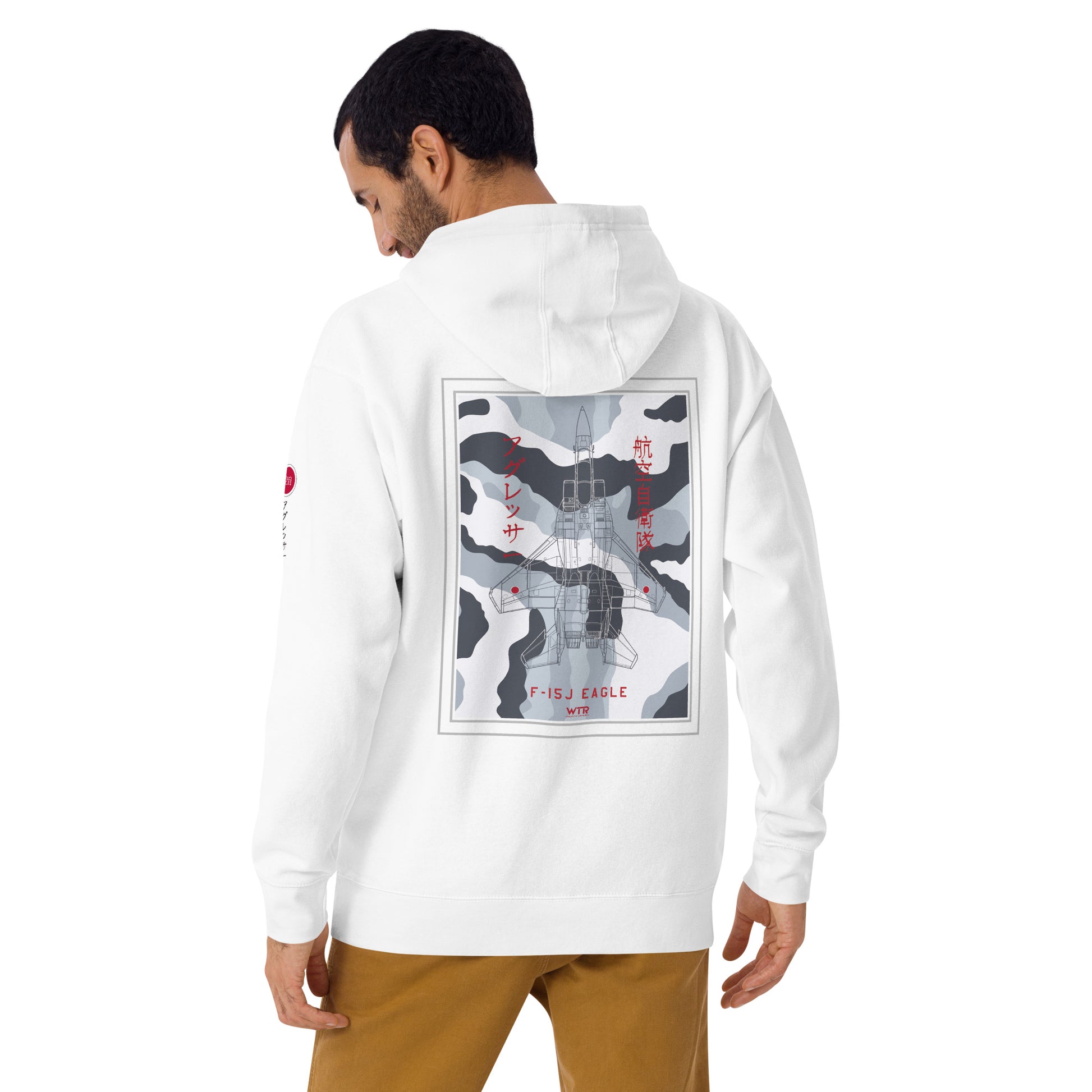 Hand-drawn technical schematic of the Mitsubishi F-15J Eagle JSDAF Aggressor camouflage livery printed on a unisex hoodie.