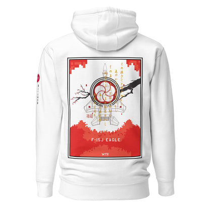 Hand-drawn schematic of the Mitsubishi F-15J Eagle 305th Tactical Fighter Squadron 40 Years Anniversary livery on a unisex hoodie.