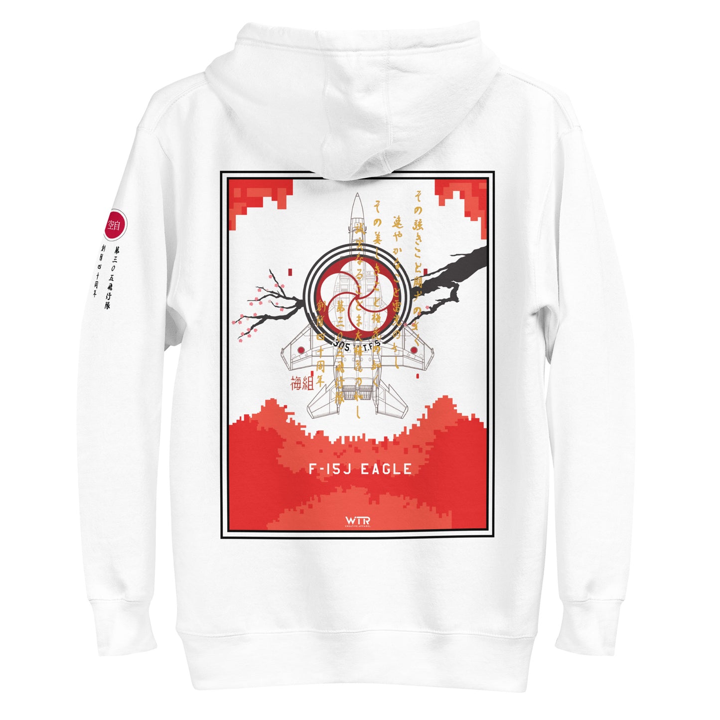 Hand-drawn schematic of the Mitsubishi F-15J Eagle 305th Tactical Fighter Squadron 40 Years Anniversary livery on a unisex hoodie.