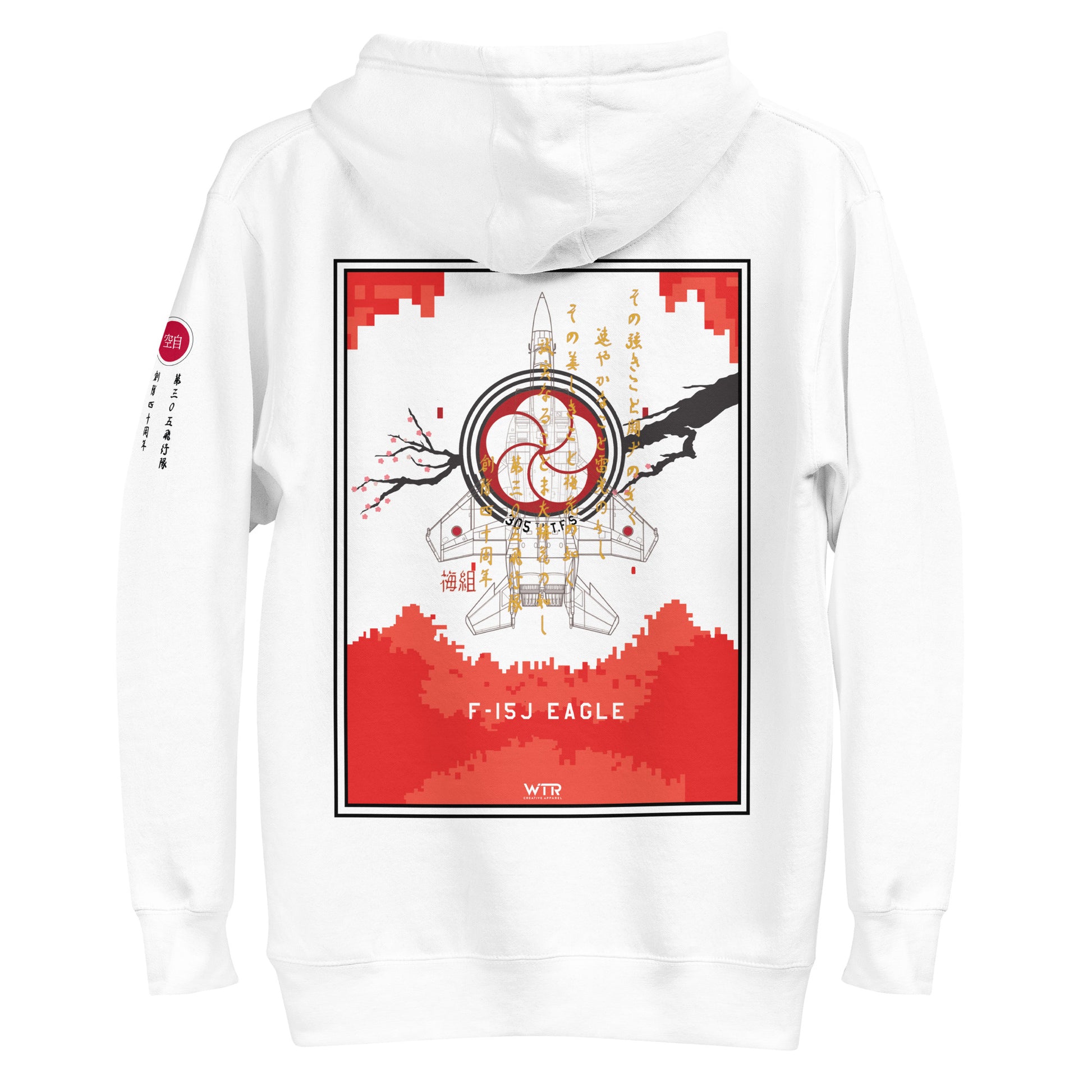 Hand-drawn schematic of the Mitsubishi F-15J Eagle 305th Tactical Fighter Squadron 40 Years Anniversary livery on a unisex hoodie.