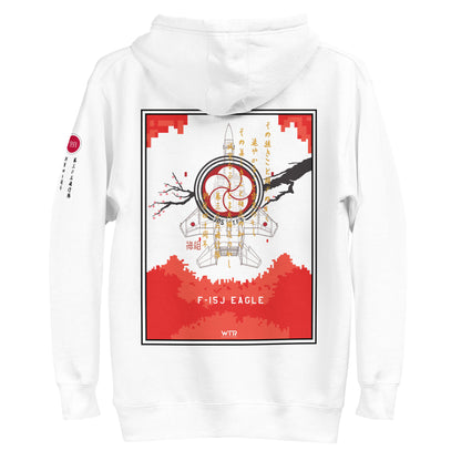 Hand-drawn schematic of the Mitsubishi F-15J Eagle 305th Tactical Fighter Squadron 40 Years Anniversary livery on a unisex hoodie.