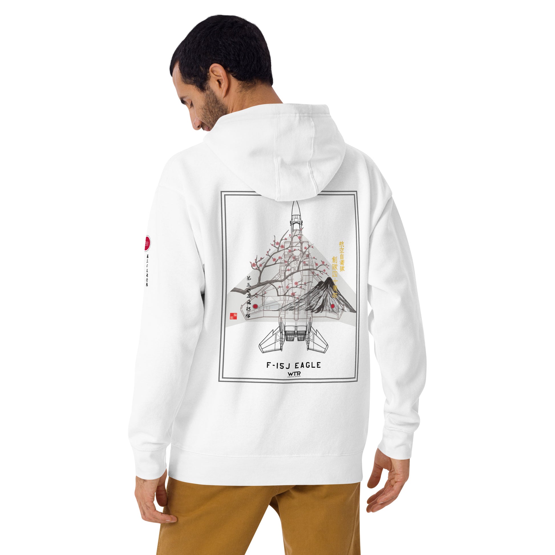 Hand-drawn schematic of the Mitsubishi F-15J Eagle 305th Tactical Fighter Squadron 50 Years Anniversary livery on a unisex hoodie.