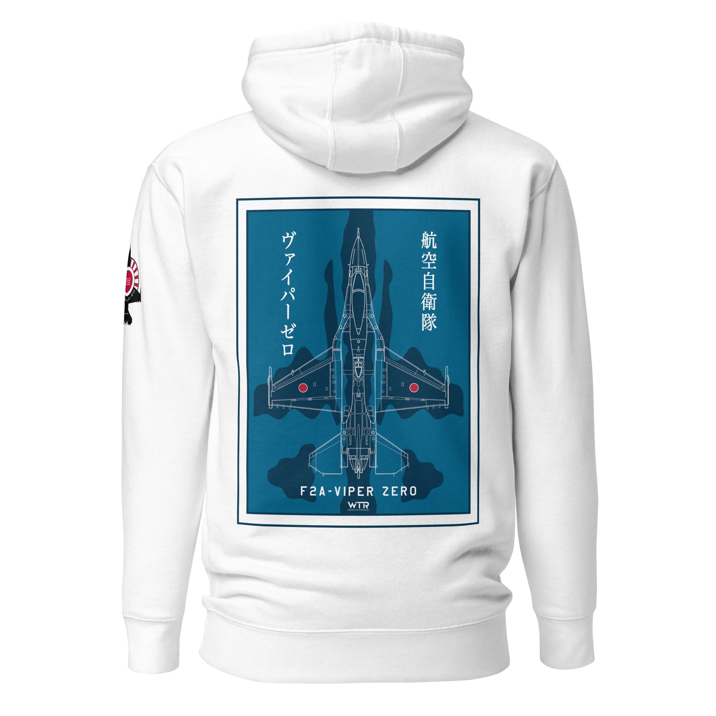 Hand-drawn schematic of the Mitsubishi F-2A Viper Zero in Maritime Blue Camouflage livery printed on a comfortable unisex hoodie.